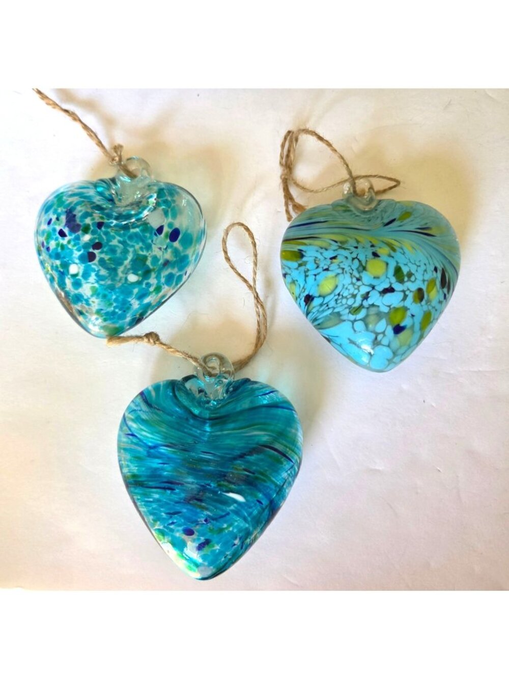 Set of 3 Handcrafted Blown Glass Heart Ornaments Blue & Green Swirl Design